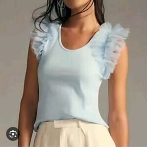 Dolan‎ Anthropologie Light Blue Tulle Sleeve Girly Cute Sleeveless Shirt Size L